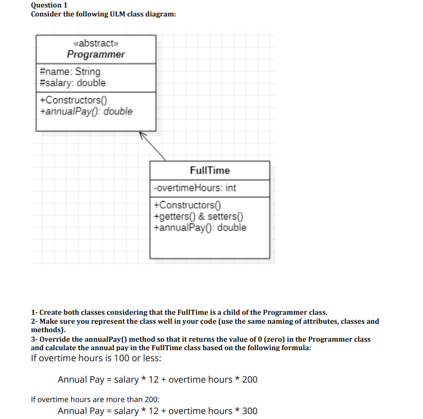 Question 1
Consider the following ULM class diagram:
«abstract»
Programmer
#name: String
#salary: double
+Constructors()
+annualPay(0: double
FullTime
|-overtimeHours: int
+Constructors()
+getters() & setters()
+annualPay(): double
1- Create both classes considering that the FullTime is a child of the Programmer class.
2- Make sure you represent the class well in your code (use the same naming of attributes, classes and
methods).
3- Override the annualPay() method so that it returns the value of 0 (zero) in the Programmer class
and calculate the annual pay in the FullTime class based on the following formula:
If overtime hours is 100 or less:
Annual Pay = salary * 12 + overtime hours * 200
If overtime hours are more than 200:
Annual Pay = salary * 12 + overtime hours * 300
