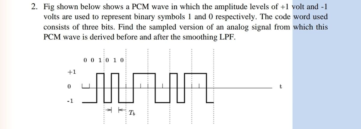 2. Fig shown below shows a PCM wave in which the amplitude levels of +1 volt and -1
volts are used to represent binary symbols 1 and 0 respectively. The code word used
consists of three bits. Find the sampled version of an analog signal from which this
PCM wave is derived before and after the smoothing LPF.
+1
0
0 0 10 10
-1
Tb