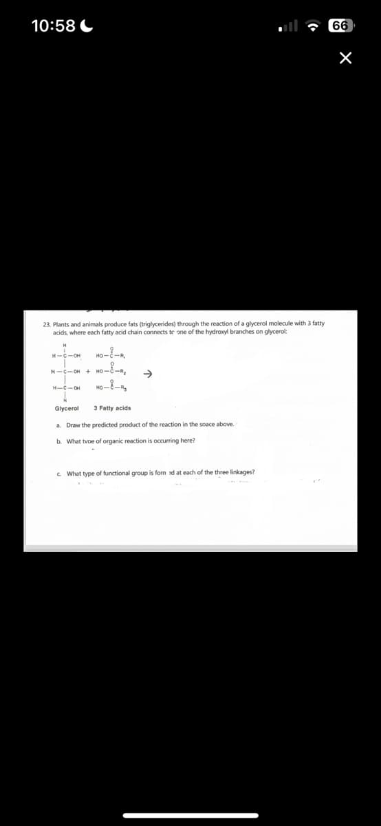 10:58
66
23. Plants and animals produce fats (triglycerides) through the reaction of a glycerol molecule with 3 fatty
acids, where each fatty acid chain connects to one of the hydroxyl branches on glycerol:
H
H-C-OH
HO-8-R.
H-C-OH + HO--R₂
H-C-OH
Glycerol 3 Fatty acids
→
a. Draw the predicted product of the reaction in the space above.
b. What type of organic reaction is occurring here?
c. What type of functional group is formed at each of the three linkages?