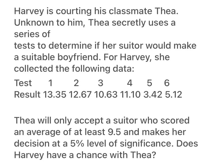 Harvey is courting his classmate Thea.
Unknown to him, Thea secretly uses a
series of
tests to determine if her suitor would make
a suitable boyfriend. For Harvey, she
collected the following data:
Test 1
2 3
4 5 6
Result 13.35 12.67 10.63 11.10 3.42 5.12
Thea will only accept a suitor who scored
an average of at least 9.5 and makes her
decision at a 5% level of significance. Does
Harvey have a chance with Thea?