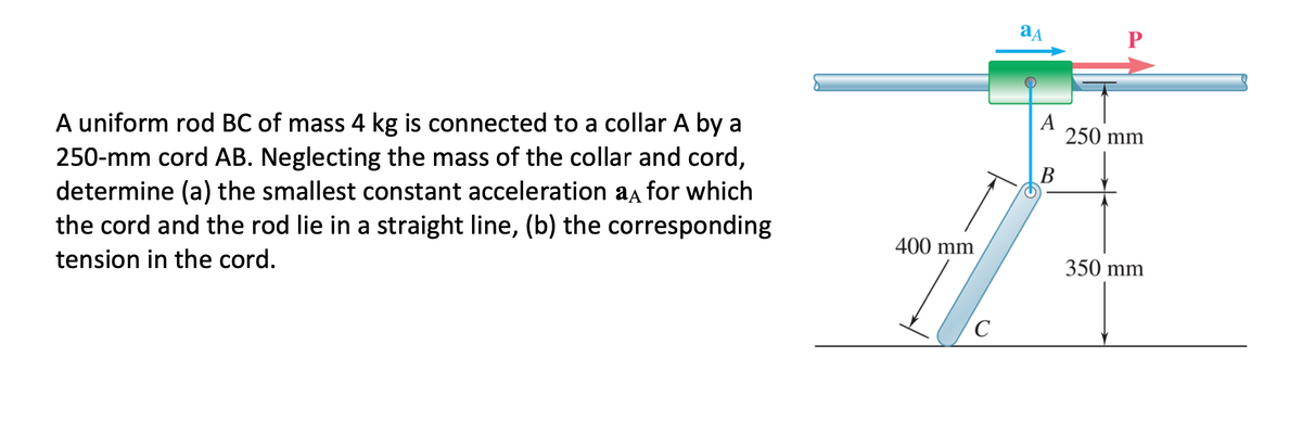 A uniform rod BC of mass 4 kg is connected to a collar A by a
A
250 mm
250-mm cord AB. Neglecting the mass of the collar and cord,
determine (a) the smallest constant acceleration aa for which
the cord and the rod lie in a straight line, (b) the corresponding
В
400 mm
tension in the cord.
350 mm
C
