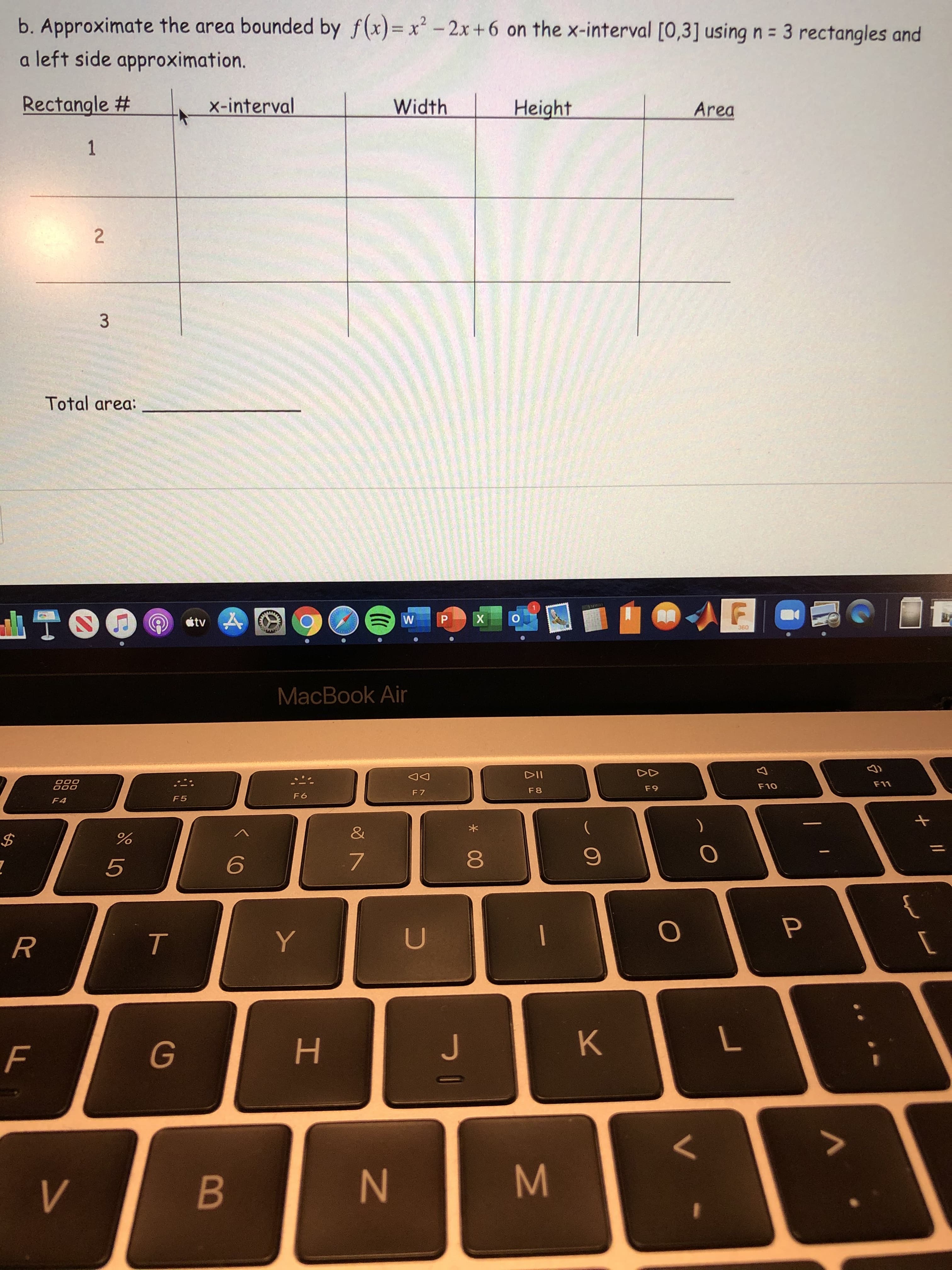 b. Approximate the area bounded by f(x)=x² - 2x+6 on the x-interval [0,3] usingn = 3 rectangles and
a left side approximation.
Rectangle #
x-interval
Width
Height
Area
1
Total area:
2.
3.
