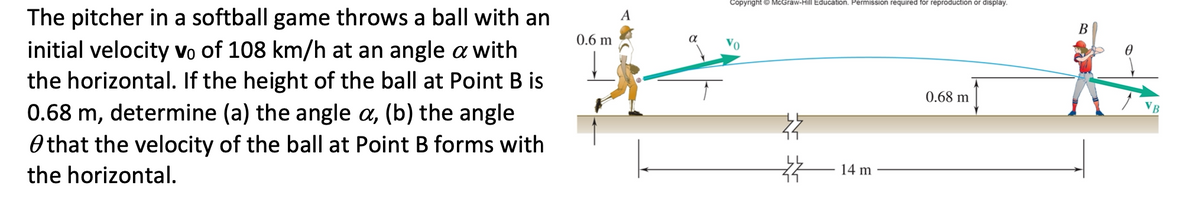 Copyright © McGraw-Hill Education. Permission required for reproduction or display.
The pitcher in a softball game throws a ball with an
initial velocity vo of 108 km/h at an angle a with
the horizontal. If the height of the ball at Point B is
A
В
0.6 m
0.68 m
0.68 m, determine (a) the angle a, (b) the angle
O that the velocity of the ball at Point B forms with
14 m
the horizontal.
