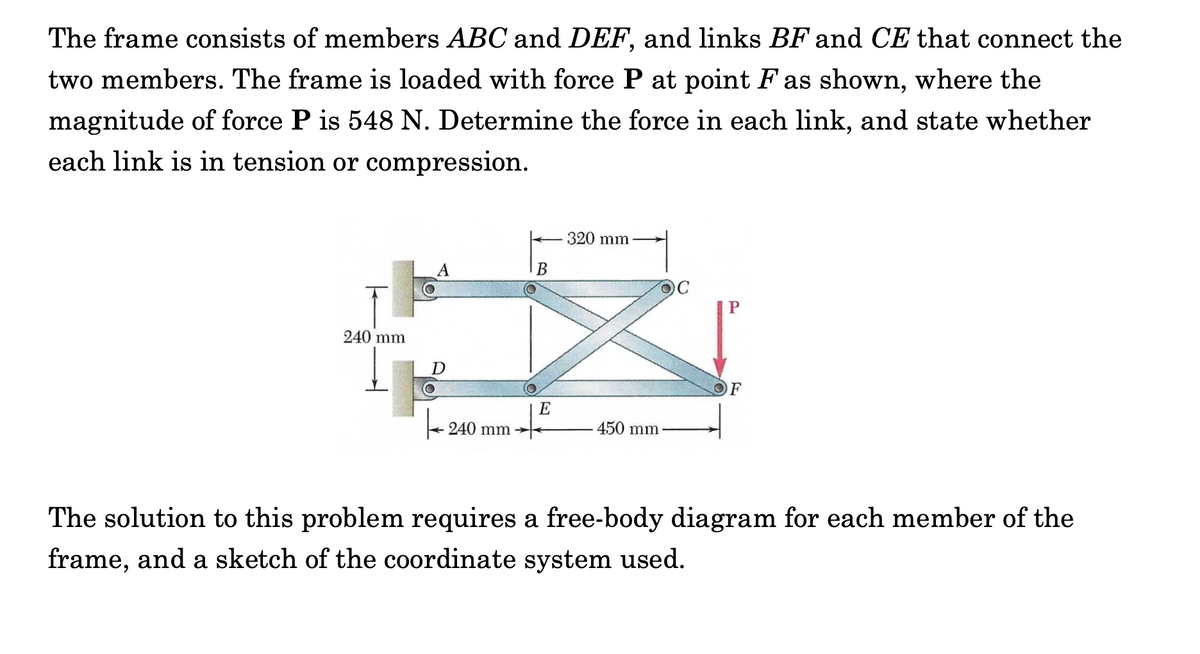 The frame consists of members ABC and DEF, and links BF and CE that connect the
two members. The frame is loaded with force P at point F as shown, where the
magnitude of force P is 548 N. Determine the force in each link, and state whether
each link is in tension or compression.
E 320 mm
В
240 mm
D
F
E
240 mm →
450 mm
The solution to this problem requires a free-body diagram for each member of the
frame, and a sketch of the coordinate system used.
