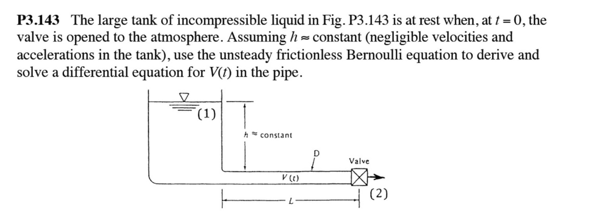 P3.143 The large tank of incompressible liquid in Fig. P3.143 is at rest when, at t = 0, the
valve is opened to the atmosphere. Assuming h = constant (negligible velocities and
accelerations in the tank), use the unsteady frictionless Bernoulli equation to derive and
solve a differential equation for V(1) in the pipe.
(1)
h = constant
D
Valve
V (1)
(2)
