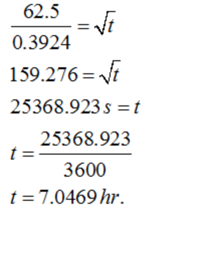 62.5
0.3924
159.276= Vt
25368.923 s =t
25368.923
3600
t = 7.0469 hr.
