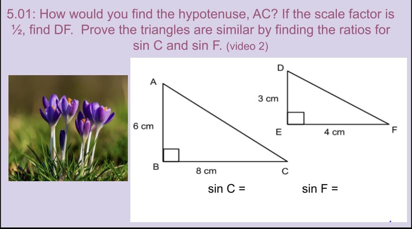 5.01: How would you find the hypotenuse, AC? If the scale factor is
12, find DF. Prove the triangles are similar by finding the ratios for
sin C and sin F. (video 2)
D
A
4 cm
6 cm
B
8 cm
sin C =
3 cm
E
с
sin F =
F
LL