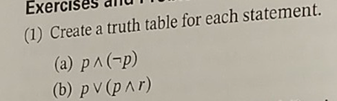 Exerci
(1) Create a truth table for each statement.
(a) p^(-p)
(b) pv (p^r)