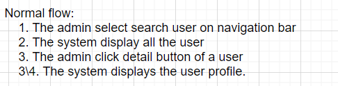 Normal flow:
1. The admin select search user on navigation bar
2. The system display all the user
3. The admin click detail button of a user
314. The system displays the user profile.