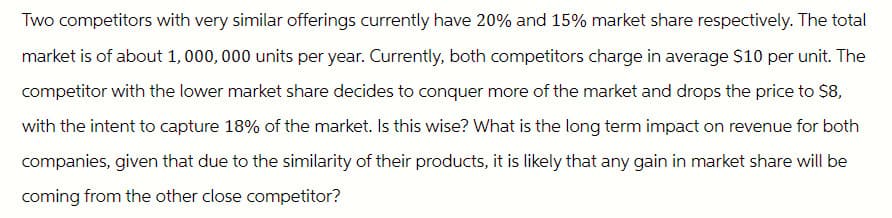 Two competitors with very similar offerings currently have 20% and 15% market share respectively. The total
market is of about 1,000,000 units per year. Currently, both competitors charge in average $10 per unit. The
competitor with the lower market share decides to conquer more of the market and drops the price to $8,
with the intent to capture 18% of the market. Is this wise? What is the long term impact on revenue for both
companies, given that due to the similarity of their products, it is likely that any gain in market share will be
coming from the other close competitor?