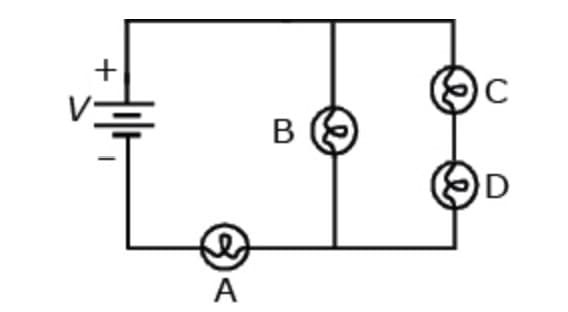 ### Understanding Parallel and Series Circuits: An Illustrated Example

In electrical engineering, understanding the differences between parallel and series circuits is crucial. The provided diagram is an excellent illustration of both concepts within a single circuit.

#### Diagram Explanation

The circuit is composed of the following components:
1. **Power Source (Battery)**: Denoted by the symbol with a positive (+) and negative (-) terminal, this is the source of voltage \( V \).
2. **Four Light Bulbs (A, B, C, and D)**: Represented by circles with filament symbols.

#### Circuit Layout

- **Series Component**:
  - **Bulb A**: This bulb is connected in series with the battery. Electricity from the battery flows directly through Bulb A before encountering any branching paths.

- **Parallel Components**:
  - **Bulbs B, C, and D**: These bulbs are arranged in a parallel configuration relative to each other.
    - **Bulb B**: After Bulb A, the circuit branches off. Bulb B is on the first parallel branch close to the battery.
    - **Bulbs C and D**: These are positioned on separate branches stemming from the same node after Bulb B’s path.

#### Key Points

1. **Current Distribution**:
   - In a series circuit, the same current flows through each component. Thus, the same current flows through Bulb A.
   - In a parallel circuit, the total current from the battery divides among the parallel branches. Consequently, the current flowing through Bulbs B, C, and D can vary depending on their individual resistances.

2. **Voltage Distribution**:
   - In a series circuit, the total voltage of the power source is divided among the series components. Hence, Bulb A gets a portion of the voltage.
   - In a parallel circuit, the voltage across each parallel branch is the same. Therefore, Bulbs B, C, and D each receive the full voltage from the battery.

Understanding this diagram helps in visualizing how electrical components are affected when arranged in series versus parallel. Such circuits are foundational in designing effective electrical systems for various applications.