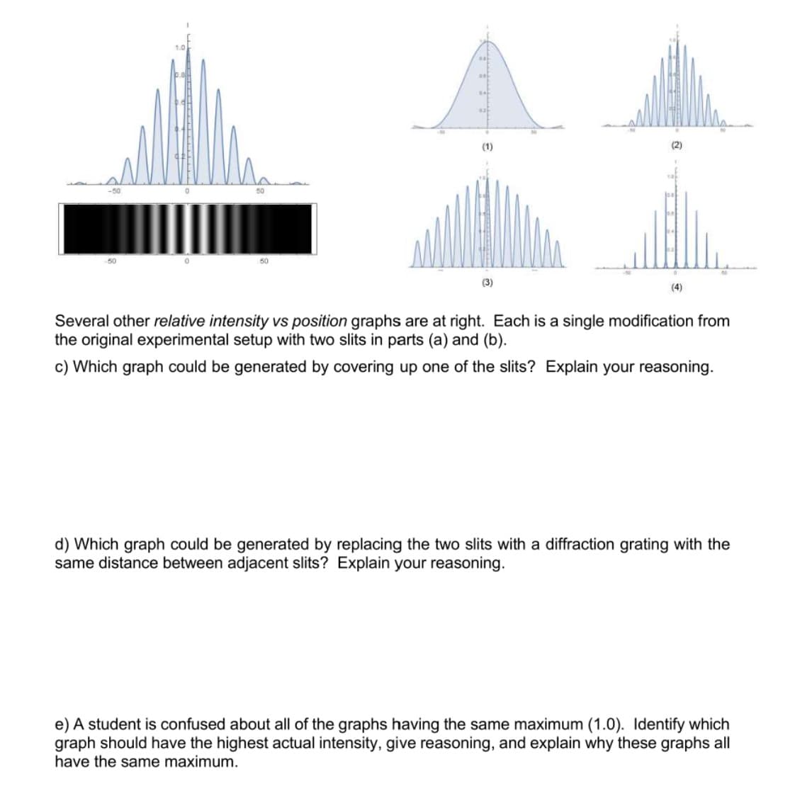 (1)
(2)
-50
50
(3)
(4)
Several other relative intensity vs position graphs are at right. Each is a single modification from
the original experimental setup with two slits in parts (a) and (b).
c) Which graph could be generated by covering up one of the slits? Explain your reasoning.
d) Which graph could be generated by replacing the two slits with a diffraction grating with the
same distance between adjacent slits? Explain your reasoning.
e) A student is confused about all of the graphs having the same maximum (1.0). lIdentify which
graph should have the highest actual intensity, give reasoning, and explain why these graphs all
have the same maximum.
