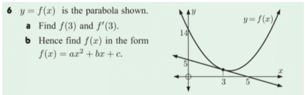 6 y = f(x) is the parabola shown.
a Find f(3) and f'(3).
6 Hence find f (x) in the form
f(x) = ax² + bx + c.
y= f(x),
14
3
