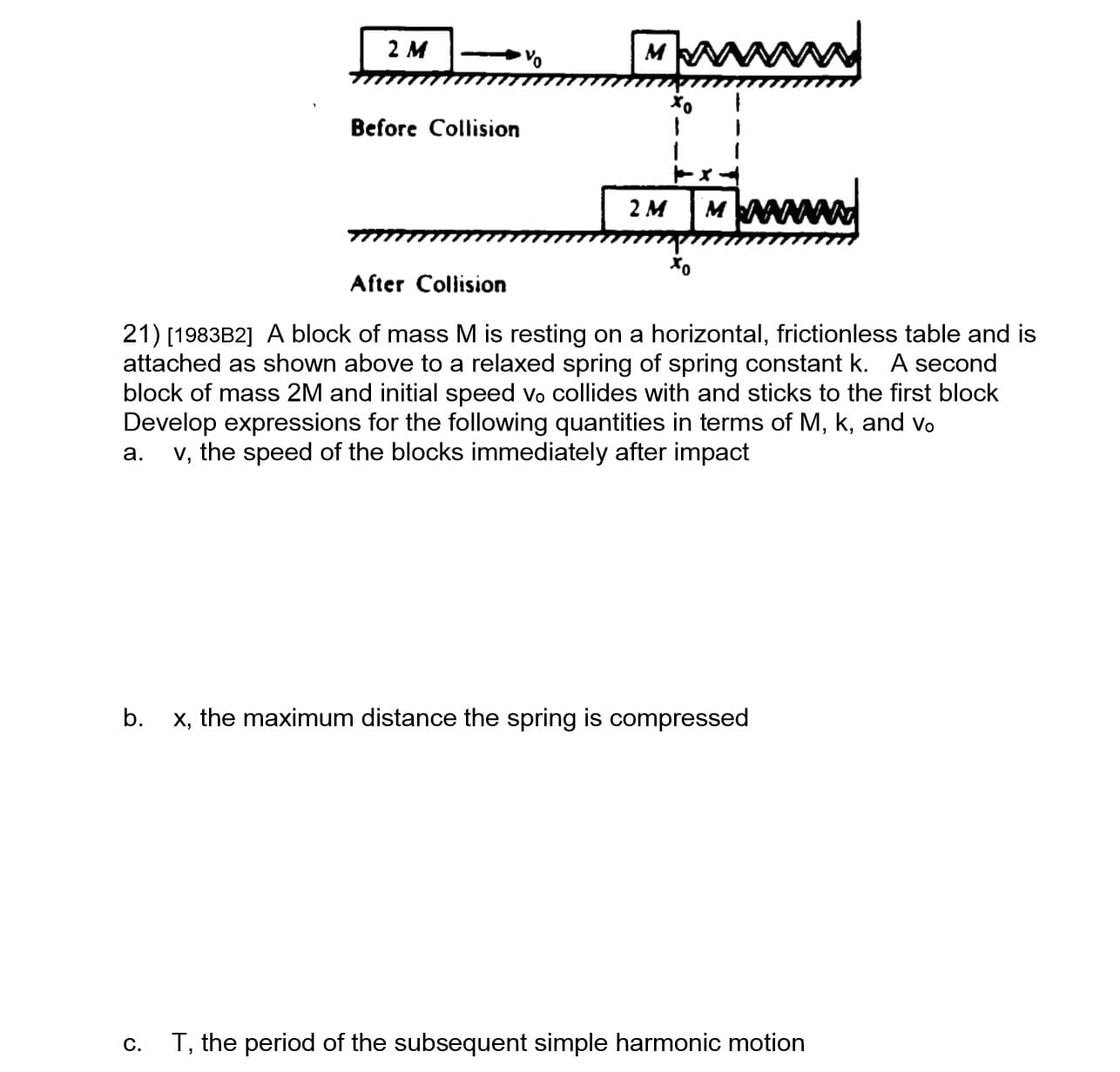 2 M
Before Collision
2м
After Collision
21) [1983B2] A block of mass M is resting on a horizontal, frictionless table and is
attached as shown above to a relaxed spring of spring constant k. A second
block of mass 2M and initial speed vo collides with and sticks to the first block
Develop expressions for the following quantities in terms of M, k, and vo
v, the speed of the blocks immediately after impact
a.
x, the maximum distance the spring is compressed
C.
T, the period of the subsequent simple harmonic motion
b.
