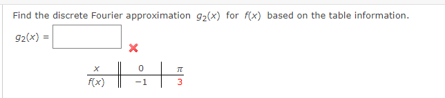 Find the discrete Fourier approximation g2(x) for f(x) based on the table information.
92(x) =
f(x)
-1
3
