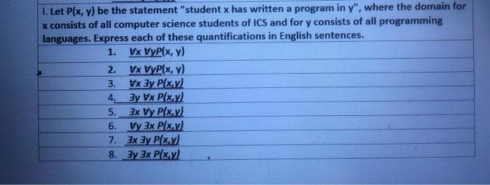 I. Let P(x, y) be the statement "student x has written a program in y", where the domain for
x consists of all computer science students of ICS and for y consists of all programming
languages. Express each of these quantifications in English sentences.
Vx VyP(x, y)
Vx VyP(x, y)
Vx 3y P(x,y)
4. 3y Vx P(x,y)
5. 3x Vy P(x.v)
6. Vy 3x P(x,y)
7. 3x 3y P(x,v)
8. 3y 3x P(x,y)
1.
2.
3.
