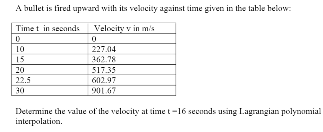 A bullet is fired upward with its velocity against time given in the table below:
Time t in seconds
Velocity v in m/s
10
227.04
15
362.78
20
517.35
22.5
602.97
30
901.67
Determine the value of the velocity at time t=16 seconds using Lagrangian polynomial
interpolation.
