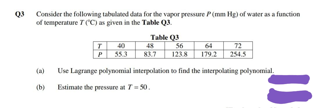 Q3
Consider the following tabulated data for the vapor pressure P (mm Hg) of water as a function
of temperature T (°C) as given in the Table Q3.
Table Q3
40
48
56
64
72
P
55.3
83.7
123.8
179.2
254.5
(a)
Use Lagrange polynomial interpolation to find the interpolating polynomial.
(b)
Estimate the pressure at T = 50.
