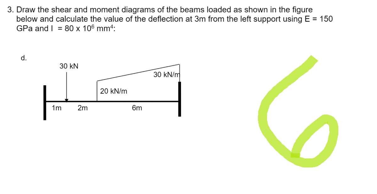 3. Draw the shear and moment diagrams of the beams loaded as shown in the figure
below and calculate the value of the deflection at 3m from the left support using E = 150
GPa and I = 80 x 106 mm4:
d.
30 kN
30 kN/m
20 kN/m
6
1m
2m
6m