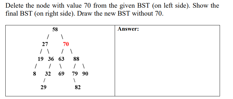 Delete the node with value 70 from the given BST (on left side). Show the
final BST (on right side). Draw the new BST without 70.
1
27
71
58
1
29
1
70
/ 1
19 36 63
1 / 1
8
32
88
/ 1
69 79 90
1
82
Answer: