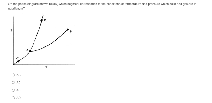 On the phase diagram shown below, which segment corresponds to the conditions of temperature and pressure which solid and gas are in
equilibrium?
B
O BC
AC
AB
AD
O O
