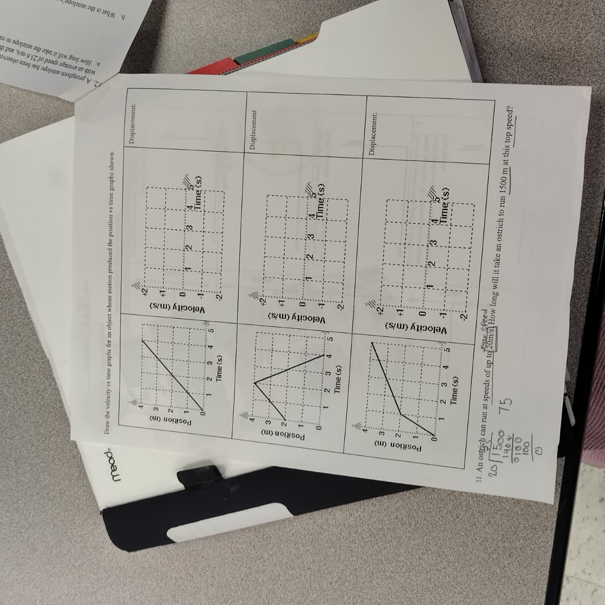 mead.
Draw the velocity vs time graphs for an object whose motion produced the position vs time graphs shown.
Position (m)
(m)
W
~
Position
C
Z
Position (m)
1
3 4
Time (s)
2
Time (s)
2
3
Time (s)
4
4
5
5
Velocity (m/s)
Velocity (m/s)
N
Velocity (m/s)
M...
22
32
Time (s)
¡Time (s)
HI
Time (s)
Displacement:
Displacement
Displacement:
max Speed
11. An ostrich can run at speeds of up to 20m/s. How long will it take an ostrich to run 1500 m at this top speed?
20/1500 75
140%
0100
100
thorn antelope has been observes
of 25.6 m/s, and the
with an average speed of 23.6
a. How long will it take the antelope to re
12. A pronghorn a
b. What is the antelope's