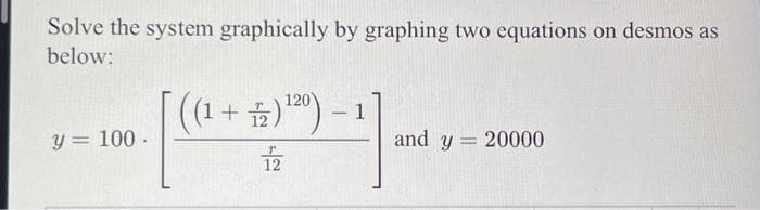 Solve the system graphically by graphing two equations on desmos as
below:
y = 100.
((1+2) ¹20) - 1
T
12
and y = 20000