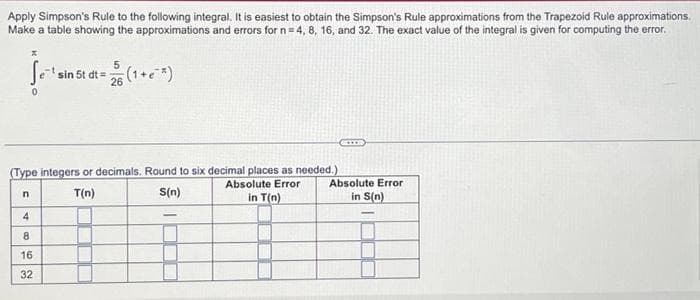 Apply Simpson's Rule to the following integral. It is easiest to obtain the Simpson's Rule approximations from the Trapezoid Rule approximations.
Make a table showing the approximations and errors for n = 4, 8, 16, and 32. The exact value of the integral is given for computing the error.
(Type integers or decimals. Round to six decimal places as needed.)
Absolute Error
T(n)
S(n)
in T(n)
n
sin 5t dt = (1 + e*)
26
4
8
16
32
Absolute Error
in S(n)