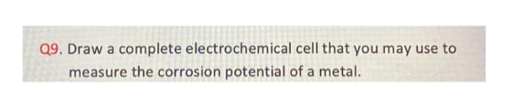 Q9. Draw a complete electrochemical cell that you may use to
measure the corrosion potential of a metal.
