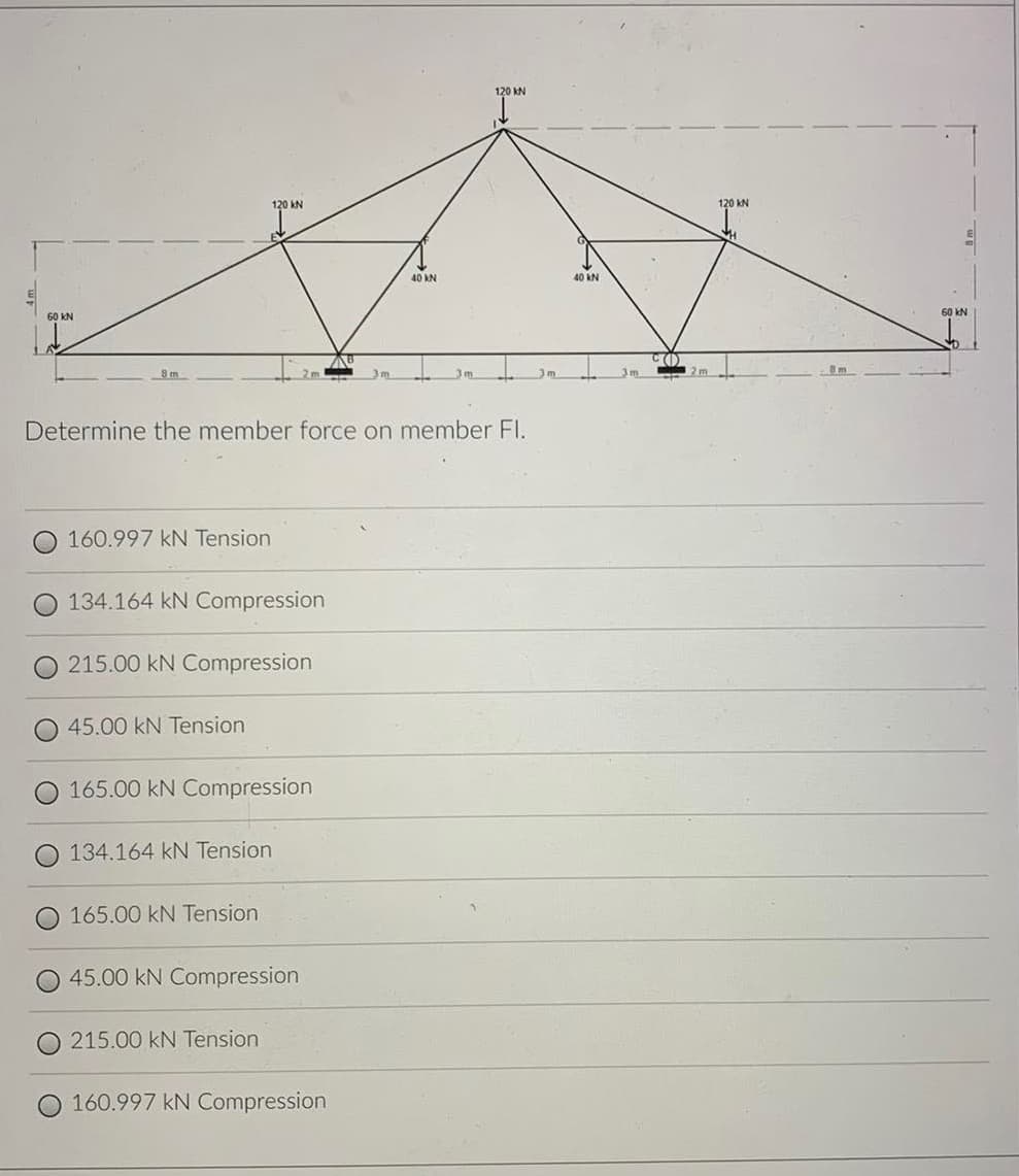 120 kN
120 kN
120 kN
40 KN
40 kN
60 kN
60 KN
3m
3 m
2m
Determine the member force on member FI.
160.997 kN Tension
134.164 kN Compression
215.00 kN Compression
45.00 kN Tension
165.00 kN Compression
134.164 kN Tension
165.00 kN Tension
45.00 kN Compression
215.00 kN Tension
160.997 kN Compression
