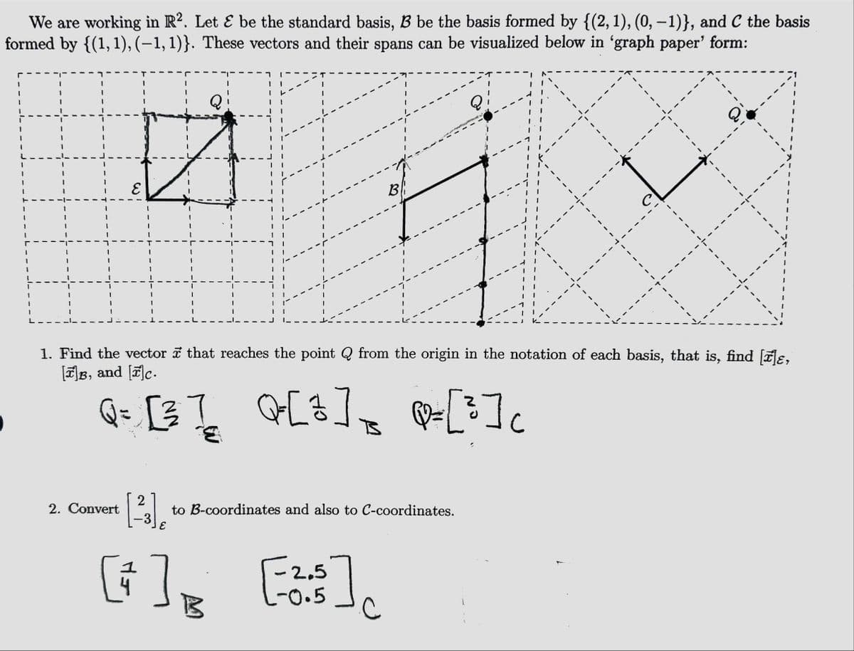 We are working in R². Let & be the standard basis, B be the basis formed by {(2, 1), (0, −1)}, and C the basis
formed by {(1, 1), (−1,1)}. These vectors and their spans can be visualized below in 'graph paper' form:
D
E
Q = [³]_₂_Q=[²] = Q = [³]
]c
2
[²3],
[4]
2. Convert
1. Find the vector ☞ that reaches the point Q from the origin in the notation of each basis, that is, find [7]ɛ,
[*]B, and [F]c.
to B-coordinates and also to C-coordinates.
B
B
:]c
-2.5
L-0.5
لـ
C
Q₁