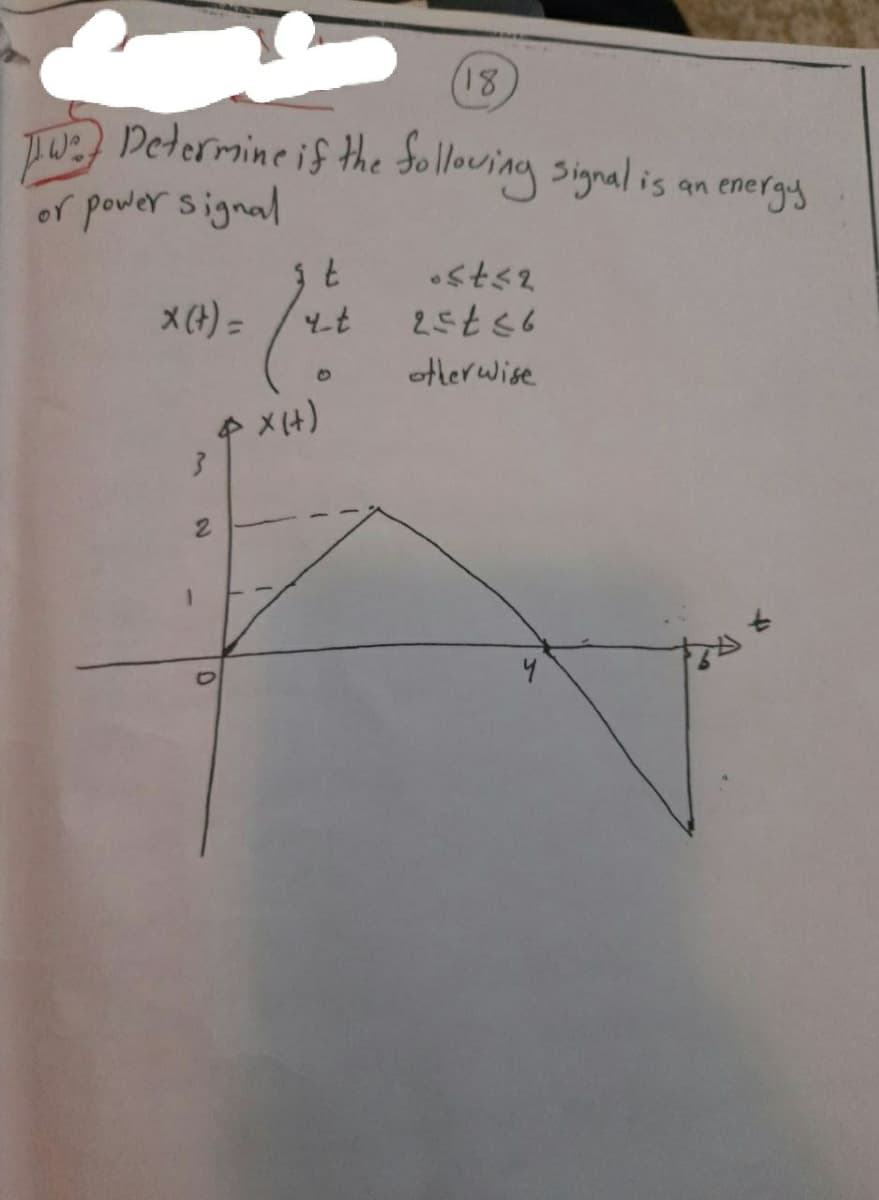 (18
Tw: an energy
Determine if the Sollving signalis
or power signal
t.
25t56
X(t) =
otlerwise
* X(4)
2.
to
