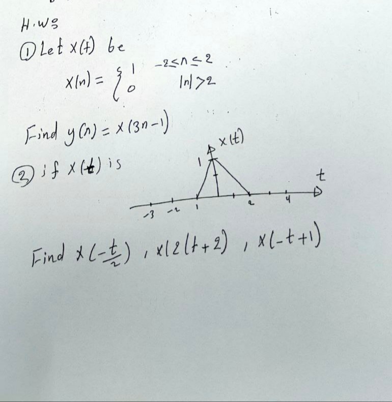 O Let x(4) be
Xln) =
%3D
Inl>2
Find y Cn) = x(30-1)
Qif x(+) is
x (t)
-3
Find x L-) ielelt+2) , XL-t+1)
