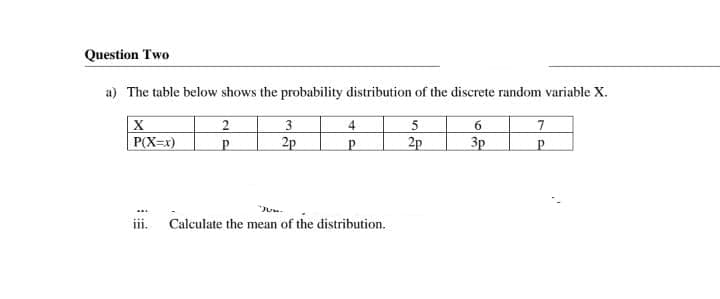 Question Two
a) The table below shows the probability distribution of the discrete random variable X.
3
2p
4.
P(X=x)
2p
3p
iii.
Calculate the mean of the distribution.
