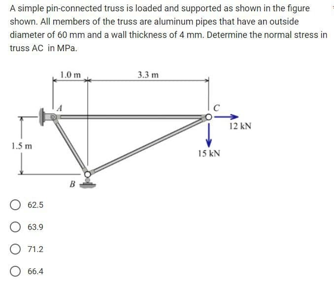 A simple pin-connected truss is loaded and supported as shown in the figure
shown. All members of the truss are aluminum pipes that have an outside
diameter of 60 mm and a wall thickness of 4 mm. Determine the normal stress in
truss AC in MPa.
1.5 m
O 62.5
63.9
O 71.2
66.4
1.0 m
B
3.3 m
15 kN
12 kN