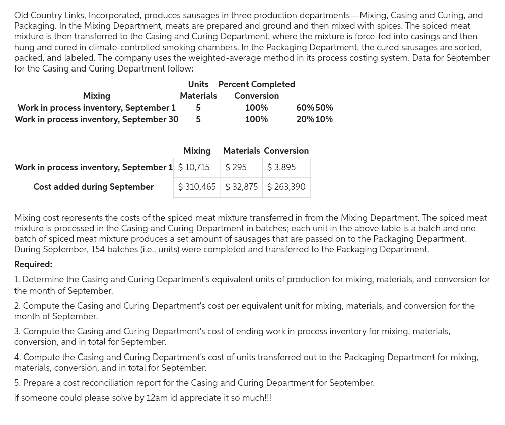 Old Country Links, Incorporated, produces sausages in three production departments-Mixing, Casing and Curing, and
Packaging. In the Mixing Department, meats are prepared and ground and then mixed with spices. The spiced meat
mixture is then transferred to the Casing and Curing Department, where the mixture is force-fed into casings and then
hung and cured in climate-controlled smoking chambers. In the Packaging Department, the cured sausages are sorted,
packed, and labeled. The company uses the weighted-average method in its process costing system. Data for September
for the Casing and Curing Department follow:
Units Percent Completed
Materials
Mixing
Work in process inventory, September 1 5
Work in process inventory, September 30 5
Mixing
Work in process inventory, September 1 $10,715
Cost added during September
Conversion
100%
100%
60% 50%
20% 10%
Materials Conversion
$ 295
$ 3,895
$ 310,465 $32,875
$263,390
Mixing cost represents the costs of the spiced meat mixture transferred in from the Mixing Department. The spiced meat
mixture is processed in the Casing and Curing Department in batches; each unit in the above table is a batch and one
batch of spiced meat mixture produces a set amount of sausages that are passed on to the Packaging Department.
During September, 154 batches (i.e., units) were completed and transferred to the Packaging Department.
Required:
1. Determine the Casing and Curing Department's equivalent units of production for mixing, materials, and conversion for
the month of September.
2. Compute the Casing and Curing Department's cost per equivalent unit for mixing, materials, and conversion for the
month of September.
3. Compute the Casing and Curing Department's cost of ending work in process inventory for mixing, materials,
conversion, and in total for September.
4. Compute the Casing and Curing Department's cost of units transferred out to the Packaging Department for mixing,
materials, conversion, and in total for September.
5. Prepare a cost reconciliation report for the Casing and Curing Department for September.
if someone could please solve by 12am id appreciate it so much!!!