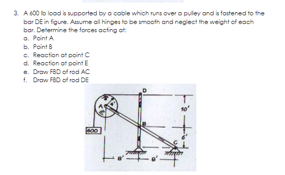 3. A 600 lb load is supported by a cable which runs over a pulley and is fastened to the
bar DE in figure. Assume all hinges to be smooth and neglect the weight of each
bar. Determine the forces acting at:
a. Point A
b. Point B
c. Reaction at point C
d. Reaction at point E
e. Draw FBD of rod AC
f. Draw FBD of rod DE
10
600
