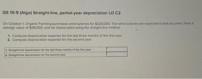 QS 10-9 (Algo) Straight-line, partial-year depreciation LO C2
On October 1, Organic Farming purchases wind turbines for $320,000. The wind turbines are expected to last six years, have a
salvage value of $38,000, and be depreciated using the straight-line method.
1. Compute depreciation expense for the last three months of the first year.
2. Compute depreciation expense for the second year.
1. Straight-line depreciation for the last three months of the first year
2. Straight-line depreciation for the second year