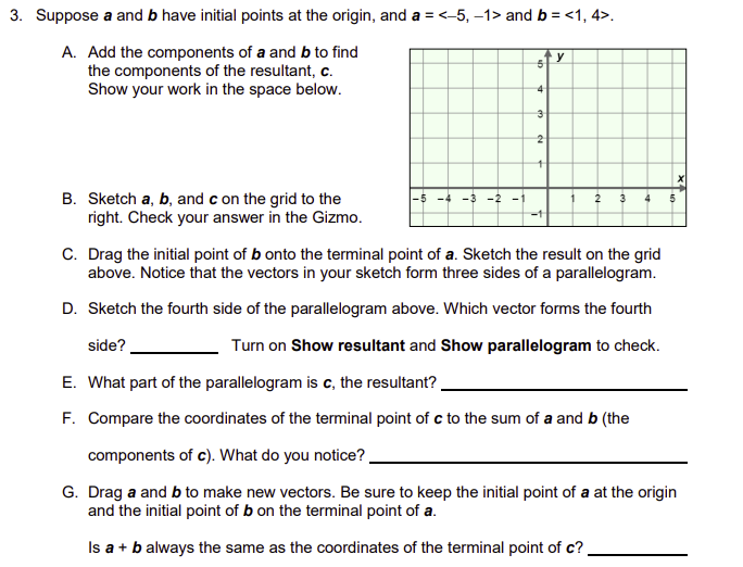 3. Suppose a and b have initial points at the origin, and a = <-5, -1> and b = <1, 4>.
A. Add the components of a and b to find
the components of the resultant, c.
Show your work in the space below.
y
5
4
3
2
+
B. Sketch a, b, and c on the grid to the
right. Check your answer in the Gizmo.
C. Drag the initial point of b onto the terminal point of a. Sketch the result on the grid
above. Notice that the vectors in your sketch form three sides of a parallelogram.
D. Sketch the fourth side of the parallelogram above. Which vector forms the fourth
Turn on Show resultant and Show parallelogram to check.
side?
E. What part of the parallelogram is c, the resultant?
F. Compare the coordinates of the terminal point of c to the sum of a and b (the
components of c). What do you notice?.
G. Drag a and b to make new vectors. Be sure to keep the initial point of a at the origin
and the initial point of b on the terminal point of a.
Is a + b always the same as the coordinates of the terminal point of c?.