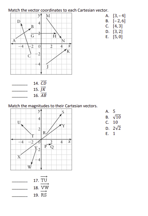 Match the vector coordinates to each Cartesian vector.
y M
D
-4
U
B
G
X
-2 0
-2
C
-4
W
14. CD
15. JK
16. AB
J
N
Match the magnitudes to their Cartesian vectors.
yt
17.
R
2
-4-20 2 4
V PQ
2
1213
AT
18. VW
19. RS
N
4
XX
18
A. [3,4]
B. [-2,6]
C. [4,3]
D. [3,2]
E. [5,0]
A. 5
B. √10
C. 10
D. 2√2
E. 1