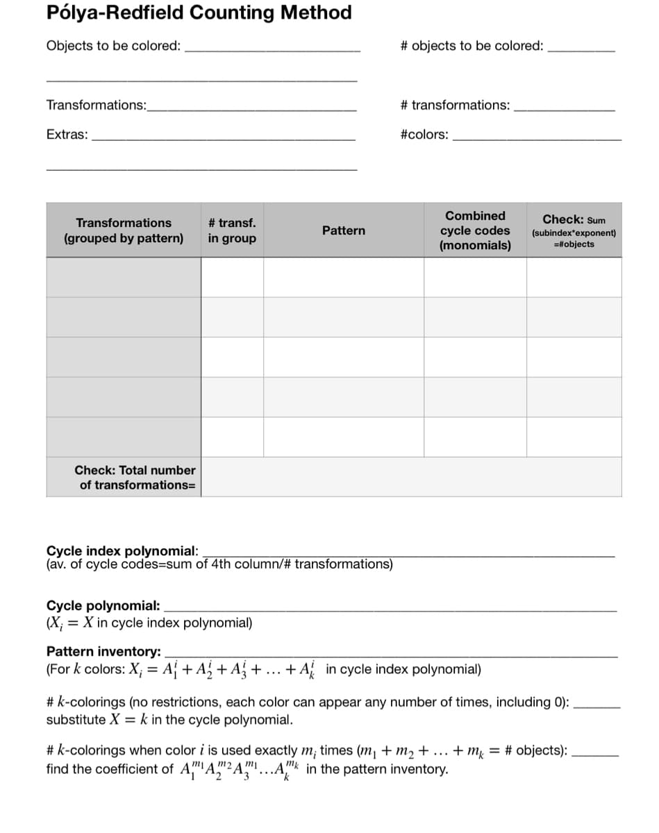 Pólya-Redfield Counting Method
Objects to be colored:
Transformations:
Extras:
# transf.
in group
# objects to be colored:
#transformations:
#colors:
Combined
cycle codes
(monomials)
Check: Sum
(subindex*exponent)
=#objects
Transformations
(grouped by pattern)
Pattern
Check: Total number
of transformations=
Cycle index polynomial:
(av. of cycle codes=sum of 4th column/# transformations)
Cycle polynomial:
(X; = X in cycle index polynomial)
Pattern inventory:
(For k colors: X₂ = A + A₂+ A₂+... + Ain cycle index polynomial)
# k-colorings (no restrictions, each color can appear any number of times, including 0):
substitute X = k in the cycle polynomial.
#k-colorings when color i is used exactly m; times (m₁ + m₂ + ... + mk = # objects):
find the coefficient of AAA...Ak in the pattern inventory.