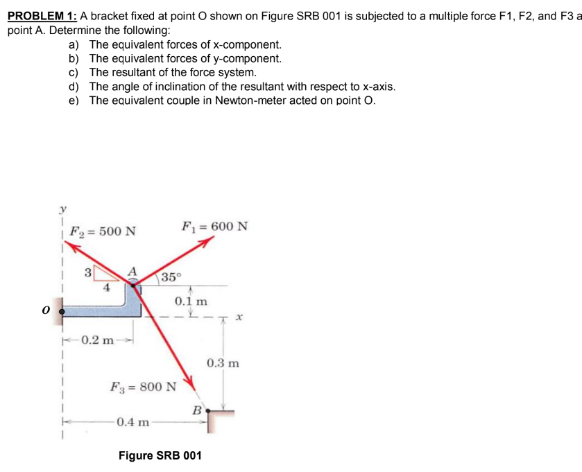 PROBLEM 1: A bracket fixed at point O shown on Figure SRB 001 is subjected to a multiple force F1, F2, and F3 a
point A. Determine the following:
0
a) The equivalent forces of x-component.
b) The equivalent forces of y-component.
c) The resultant of the force system.
d) The angle of inclination of the resultant with respect to x-axis.
e) The equivalent couple in Newton-meter acted on point O.
F₂ = 500 N
3
0.2 m
-0.4 m
F₁ = 600 N
35°
F3 = 800 N
0.1 m
B
Figure SRB 001
0.3 m