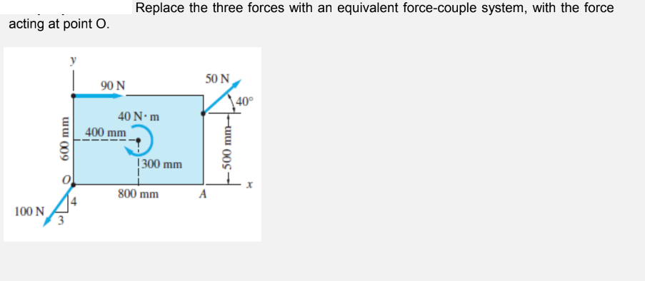 acting at point O.
100 N
y
600 mm
90 N
Replace the three forces with an equivalent force-couple system, with the force
40 N-m
400 mm
1300 mm
800 mm
50 N
500 mm
40°