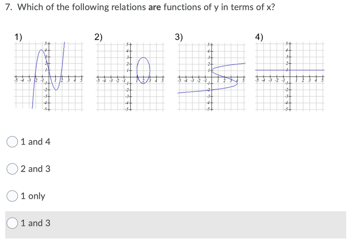 7. Which of the following relations are functions of y in terms of x?
1)
2)
3)
4)
5+
5+
5+
5+
4-
4-
4.
4-
3-
3+
3+
2-
2-
2-
-3 -2
-2
-2
-1-
-2+
-3+
-2-
to
-2-
-3+
-3+
-3-
-4+
-4+
-4+
-4-
-5+
-5+
-5+
1 and 4
2 and 3
1 only
1 and 3
