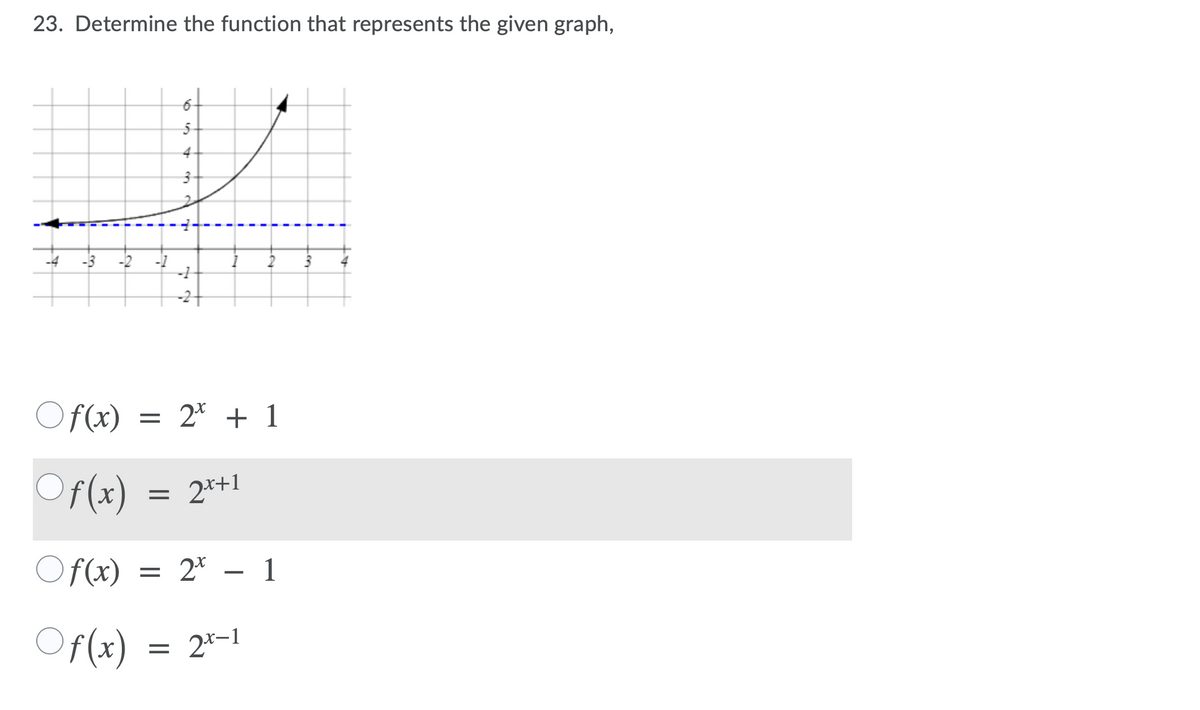 23. Determine the function that represents the given graph,
6-
4
-1
O f(x)
= 2* + 1
Of(x) = 2*+1
O f(x) = 2* – 1
Of(x)
f (x)
2x-1
