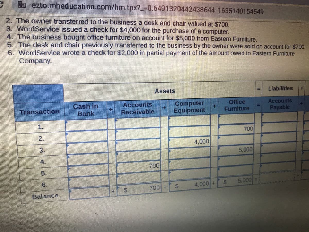 b ezto.mheducation.com/hm.tpx?_%3D0.6491320442438644 1635140154549
2. The owner transferred to the business a desk and chair valued at $700.
3. WordService issued a check for $4,000 for the purchase of a computer.
4. The business bought office furniture on account for $5,000 from Eastern Furniture.
5. The desk and chair previously transferred to the business by the owner were sold on account for $700.
6. WordService wrote a check for $2,000 in partial payment of the amount owed to Eastern Furniture
Company.
Assets
Liabilities
Cash in
Bank
Accounts
Receivable
Computer
Equipment
Office
Furniture
Accounts
Payable
Transaction
1.
700
2.
4,000
3.
5,000
4.
700
5.
6.
$ 5,000
D
24
4,000 +
700 +
Balance
%3D
%3D
