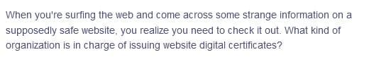 When you're surfing the web and come across some strange information on a
supposedly safe website, you realize you need to check it out. What kind of
organization is in charge of issuing website digital certificates?
