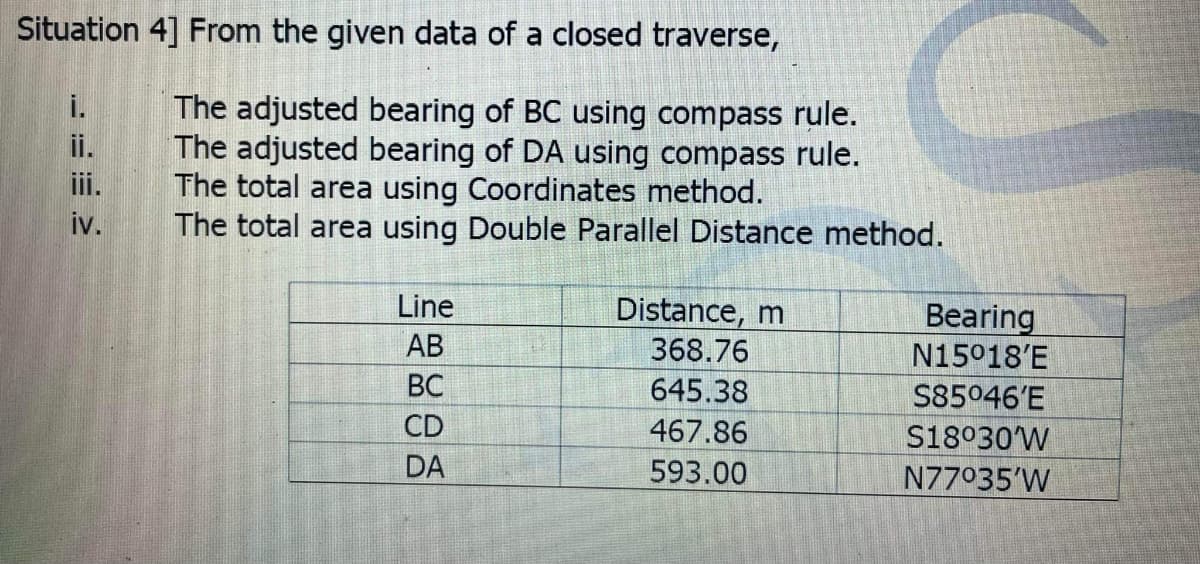 Situation 4] From the given data of a closed traverse,
The adjusted bearing of BC using compass rule.
The adjusted bearing of DA using compass rule.
The total area using Coordinates method.
The total area using Double Parallel Distance method.
i.
ii.
iii.
iv.
Line
Distance, m
Bearing
N15018'E
AB
368.76
BC
645.38
S85046'E
CD
467.86
S18030'W
DA
593.00
N77035'W
