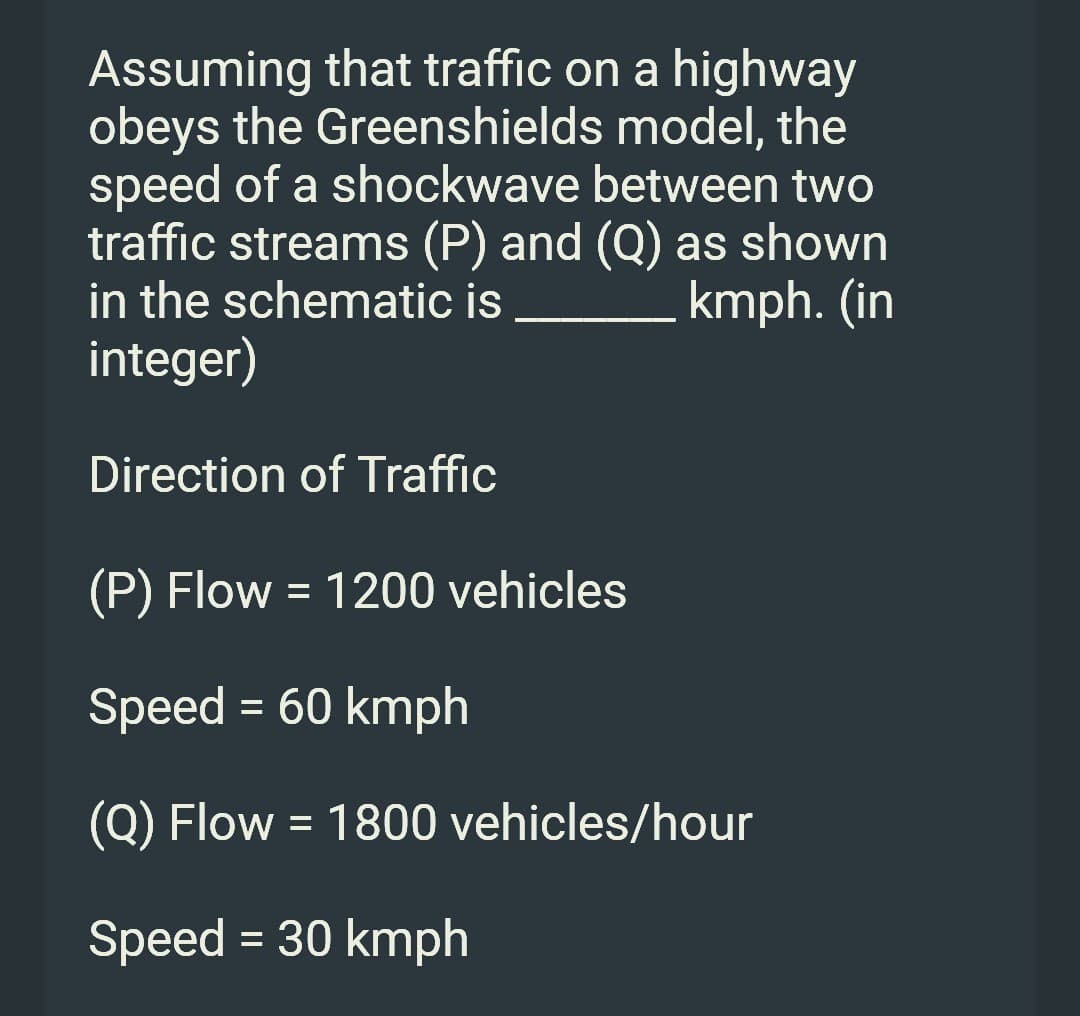 Assuming that traffic on a highway
obeys the Greenshields model, the
speed of a shockwave between two
traffic streams (P) and (Q) as shown
in the schematic is
integer)
kmph. (in
Direction of Traffic
(P) Flow = 1200 vehicles
Speed = 60 kmph
(Q) Flow = 1800 vehicles/hour
Speed = 30 kmph