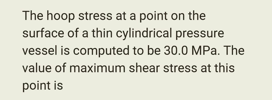 The hoop stress at a point on the
surface of a thin cylindrical pressure
vessel is computed to be 30.0 MPa. The
value of maximum shear stress at this
point is